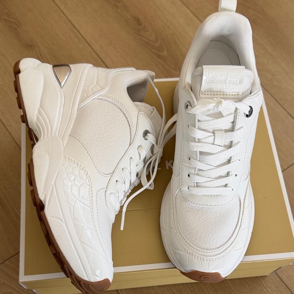 Michael Kors White Chunky Platform Sneakers with Metallic Heel Accent - Picture 3 of 6